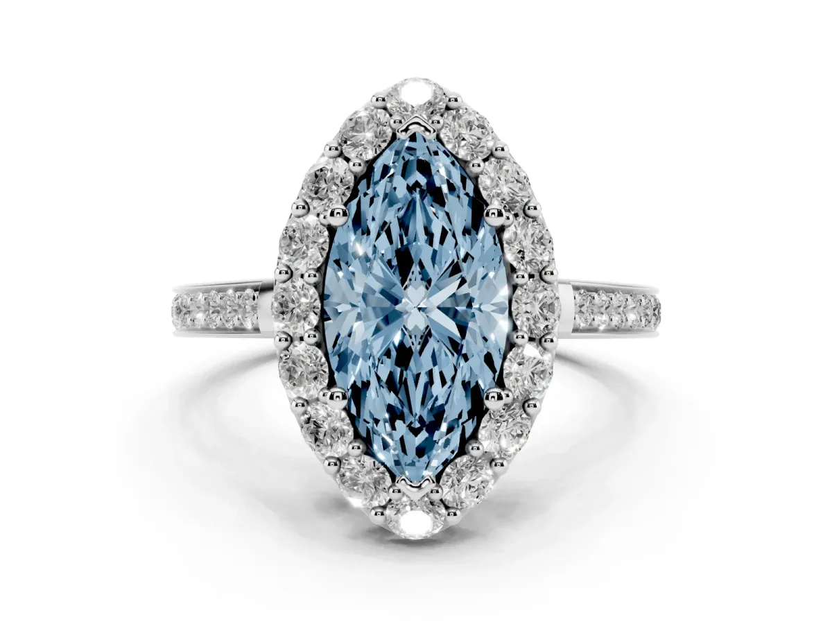 Fancy Blue Marquise Cut Diamond Floral Halo Ring with Pavé Band and Prong Setting White gold