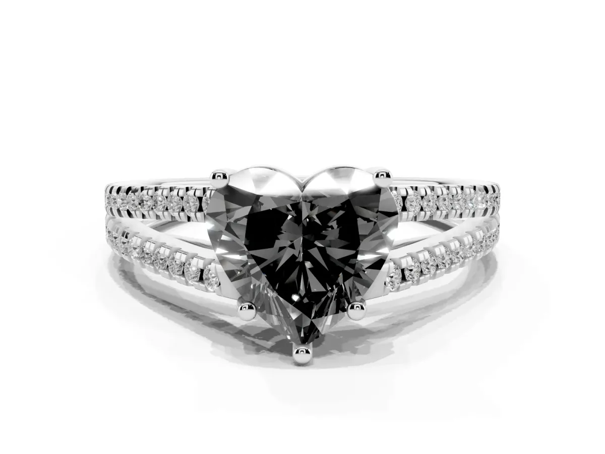 Fancy Black Heart Cut Diamond Solitaire Engagement Ring with Split Shank Pavé Band Silver
