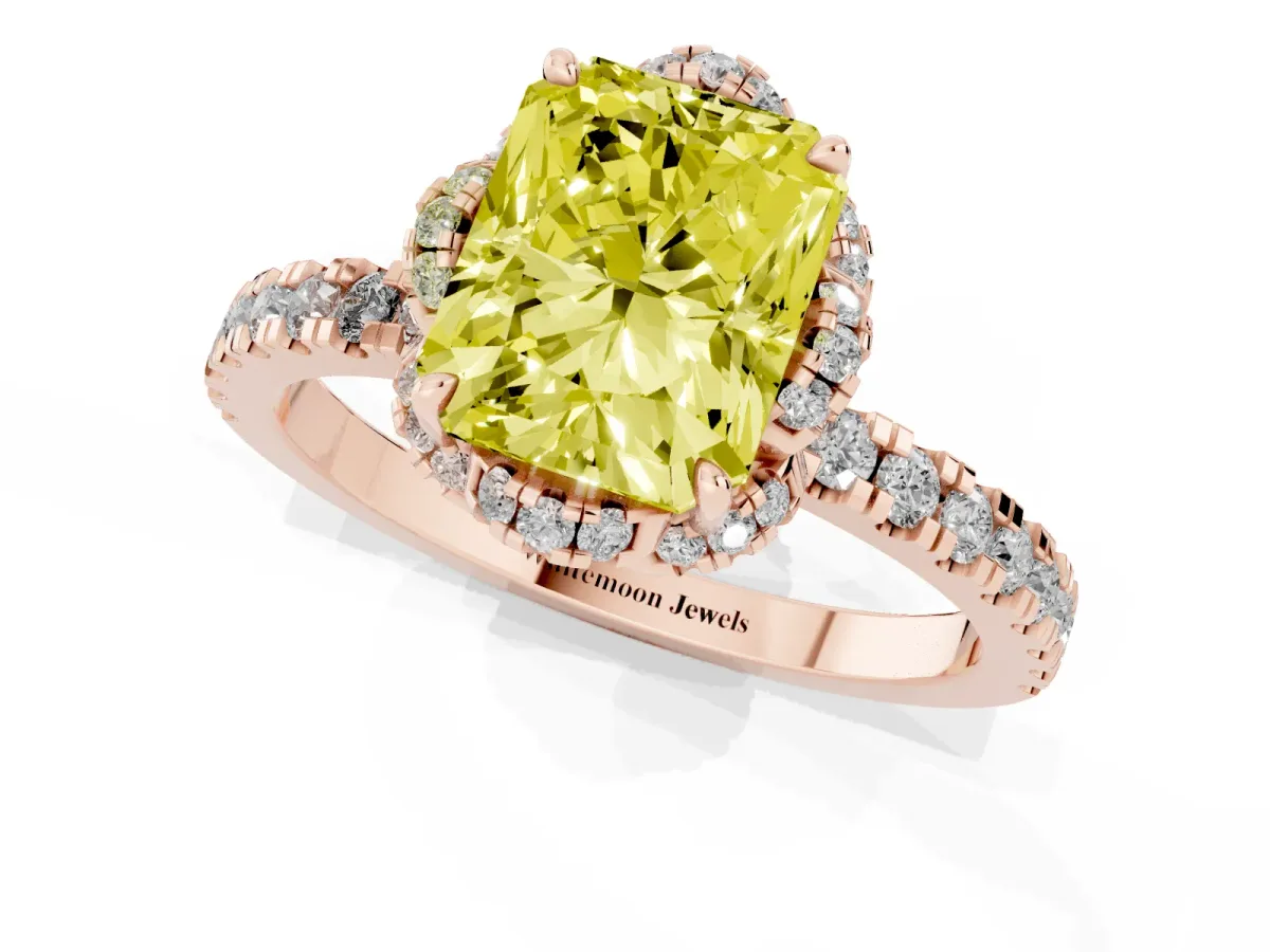 Fancy Yellow Radiant Cut Halo Diamond Pave Band Ring with Four-Prong Setting Rose gold