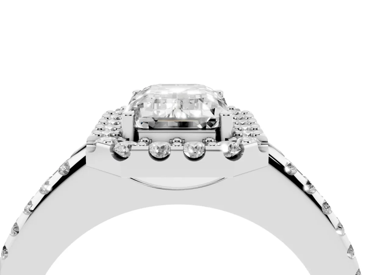 Emerald Cut Diamond Pavé Halo Ring with Four-Prong Setting Silver