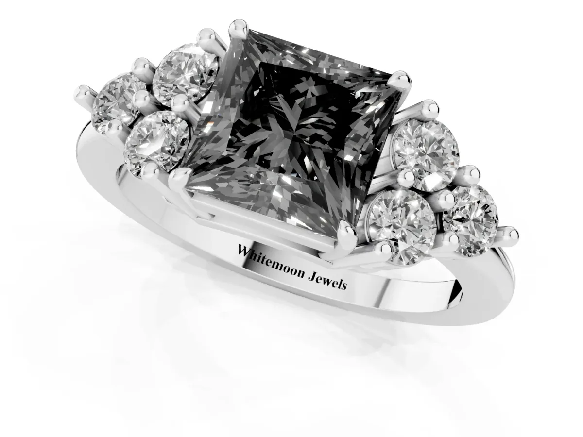Fancy Black Princess Cut Brilliant Diamond Cluster Accent Solitaire Ring with Prong Setting Silver