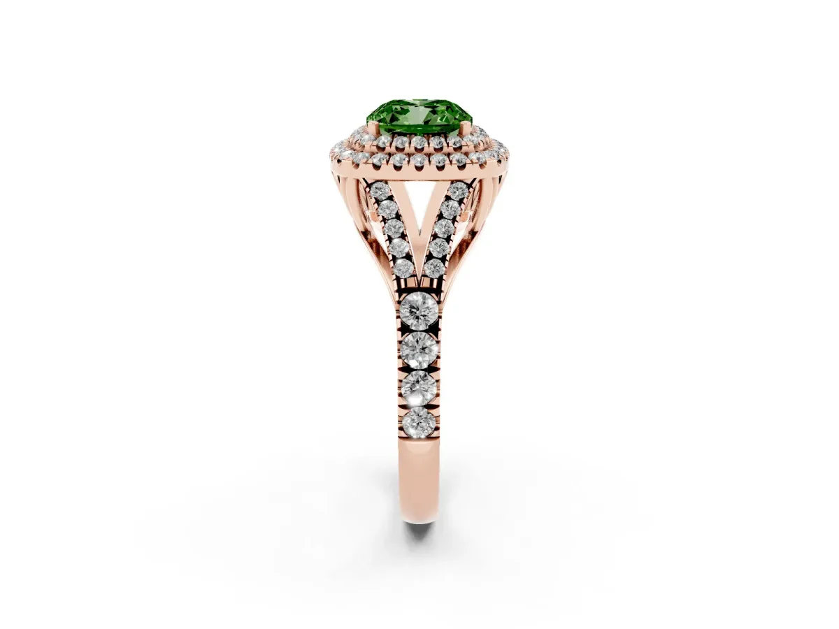Fancy Green Cushion Cut Diamond Pavé Split Shank Double Halo Engagement Ring Rose gold