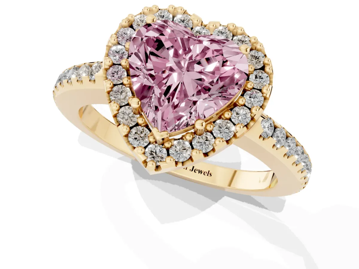 Fancy Pink Heart Cut Diamond Pavé Halo Ring with Four-Prong Setting Yellow gold