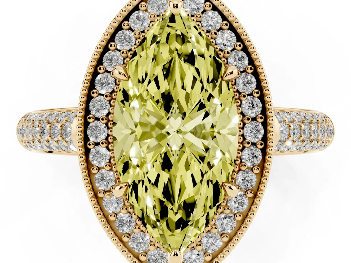 Fancy Yellow Marquise Cut Cut Halo Diamond Pave Band with Four-Prong Setting Yellow gold