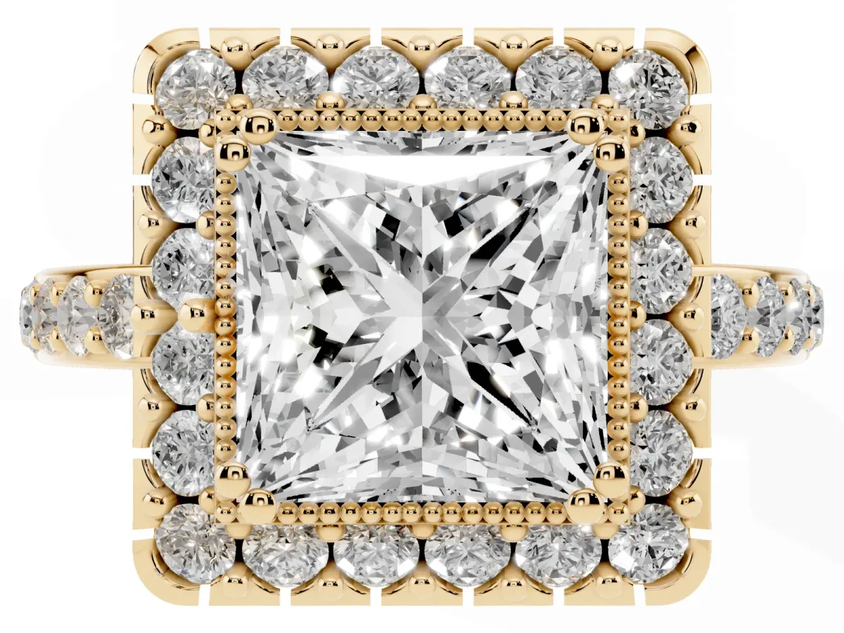 Princess Cut Diamond Halo Ring with Pavé Band and Prong Setting Yellow gold