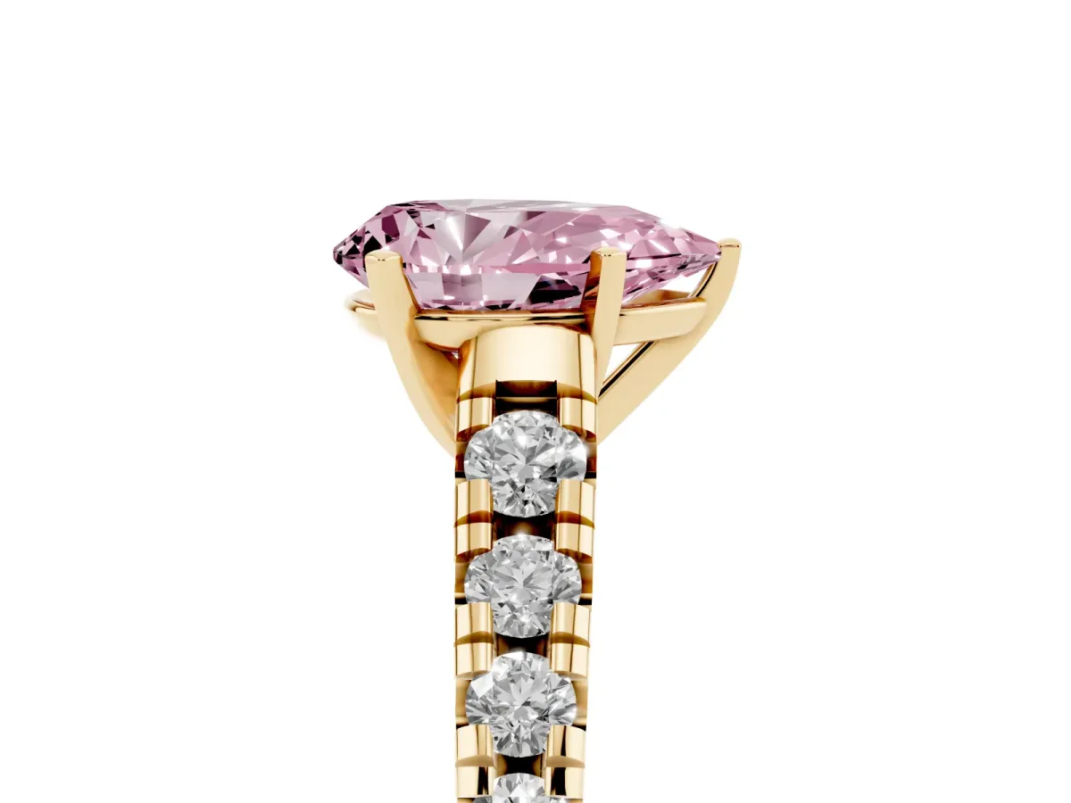 Fancy Pink Pear Cut Diamond Cathedral Solitaire Ring with Round Pavé Band Yellow gold