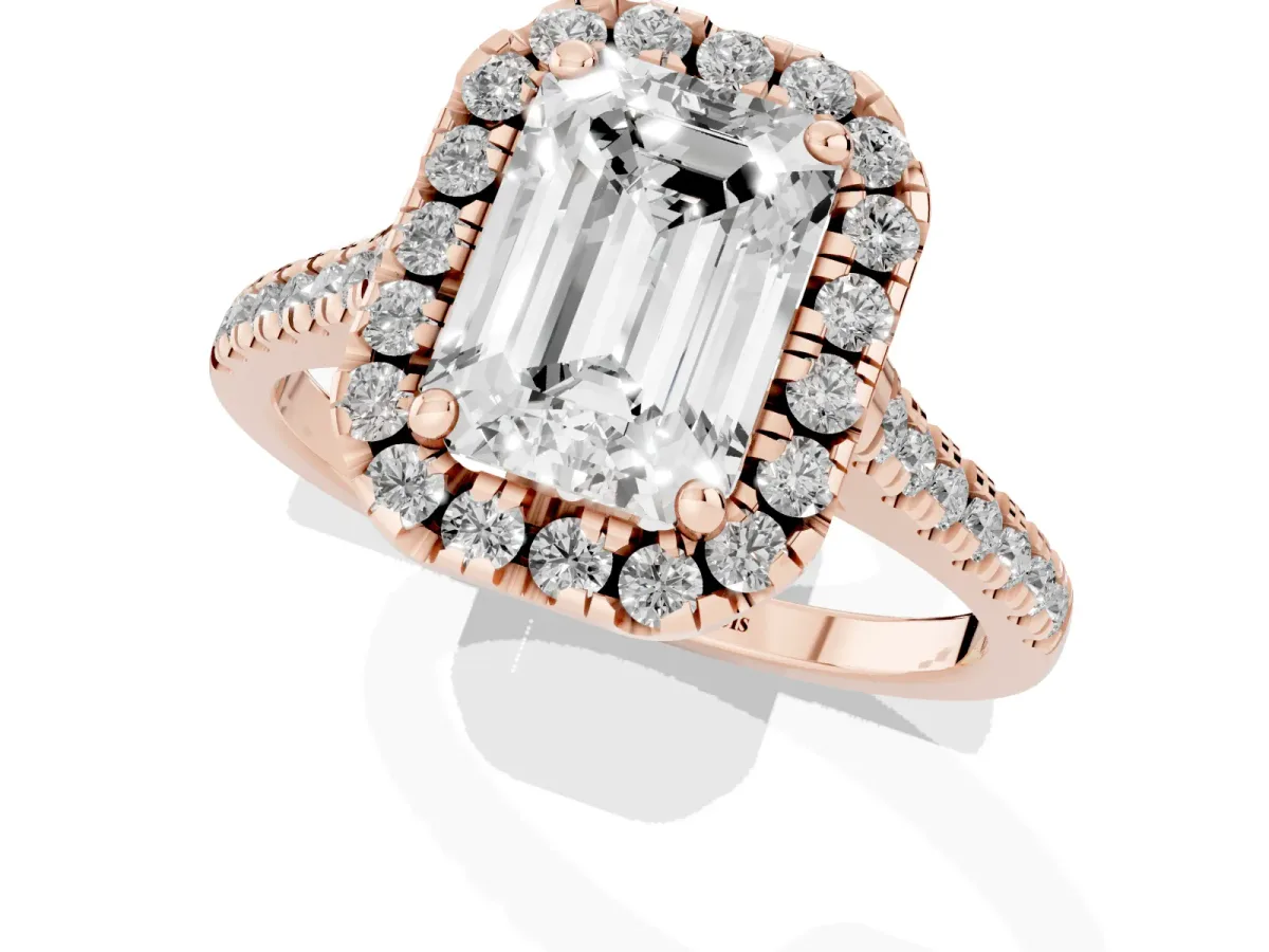 Emerald Cut Diamond Cushion Halo Ring with Pavé Band Rose gold