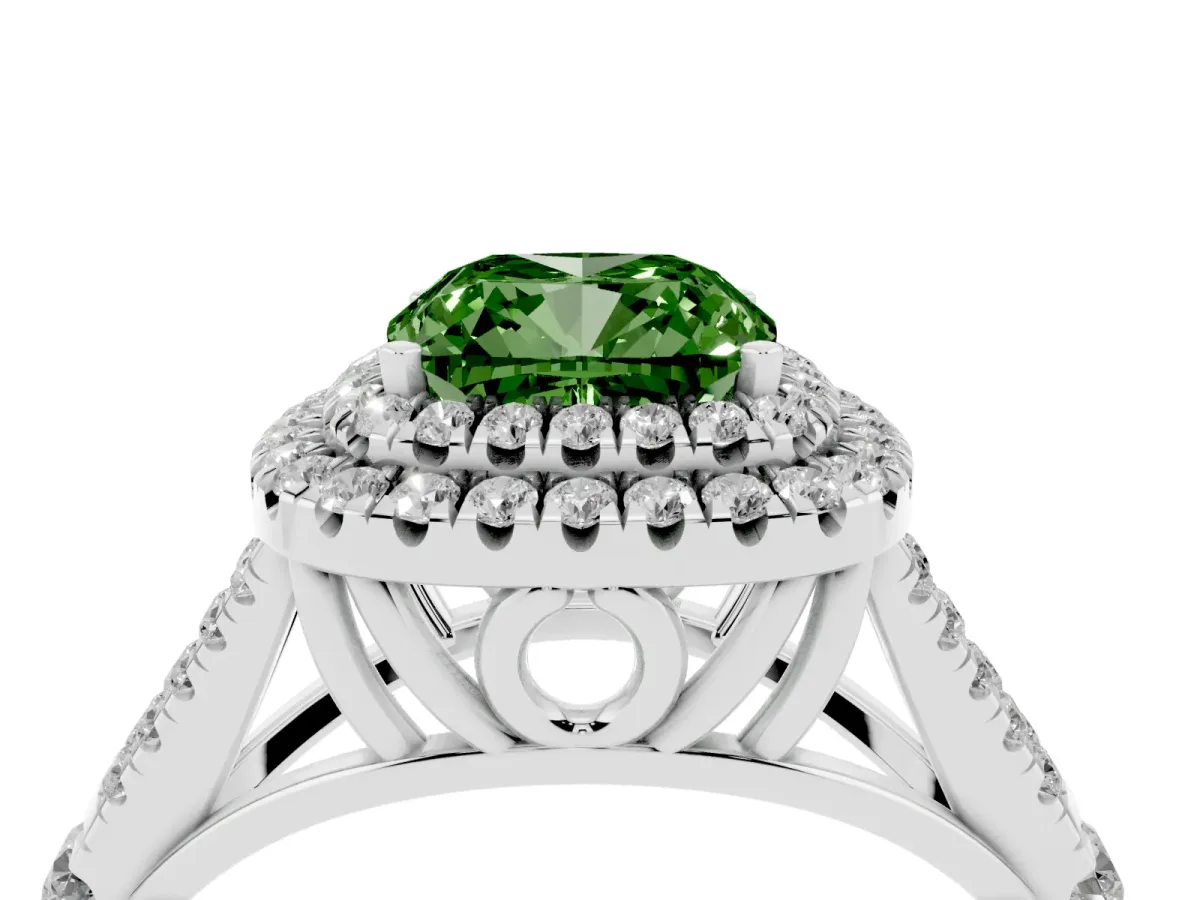 Fancy Green Cushion Cut Diamond Pavé Split Shank Double Halo Engagement Ring Silver