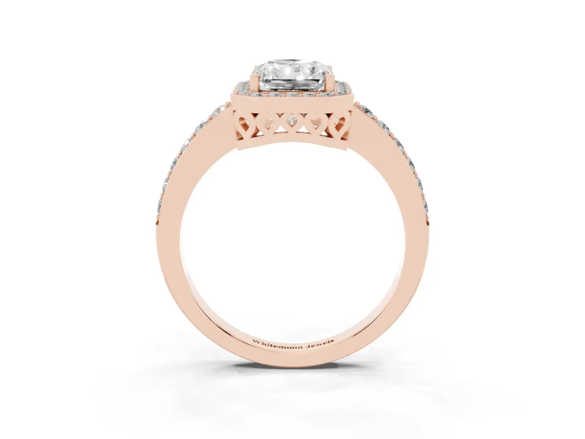 Radiant Cut Halo Diamond Pavé Band Ring with Prong Setting Rose gold