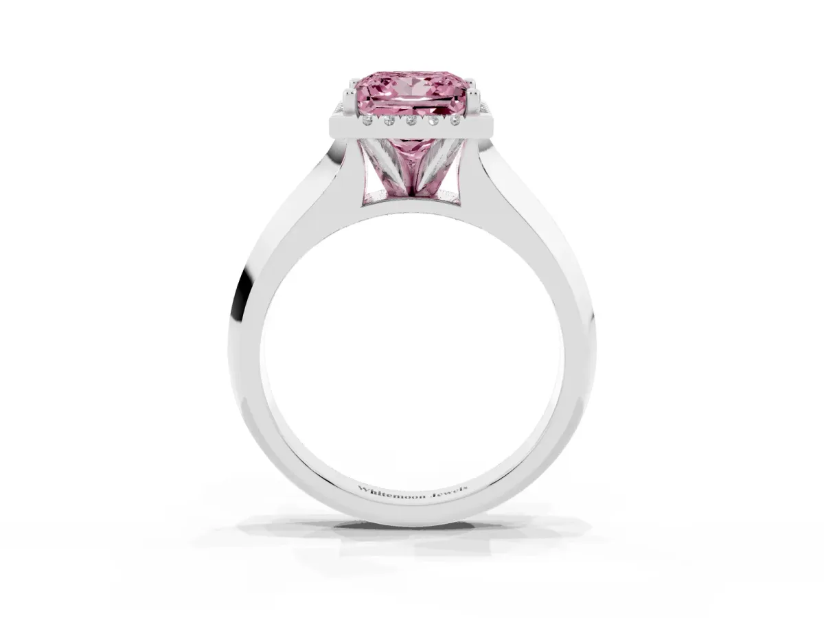Fancy Pink Princess Cut Halo Diamond Ring with Cathedral Band and Four-Prong Setting Silver