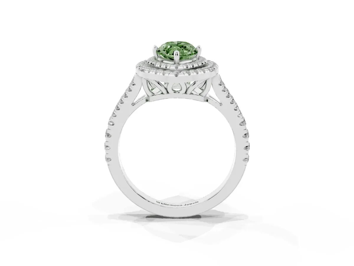 Fancy Green Marquise Cut Diamond Double Halo Ring with Pavé Band and Prong Setting Platinum