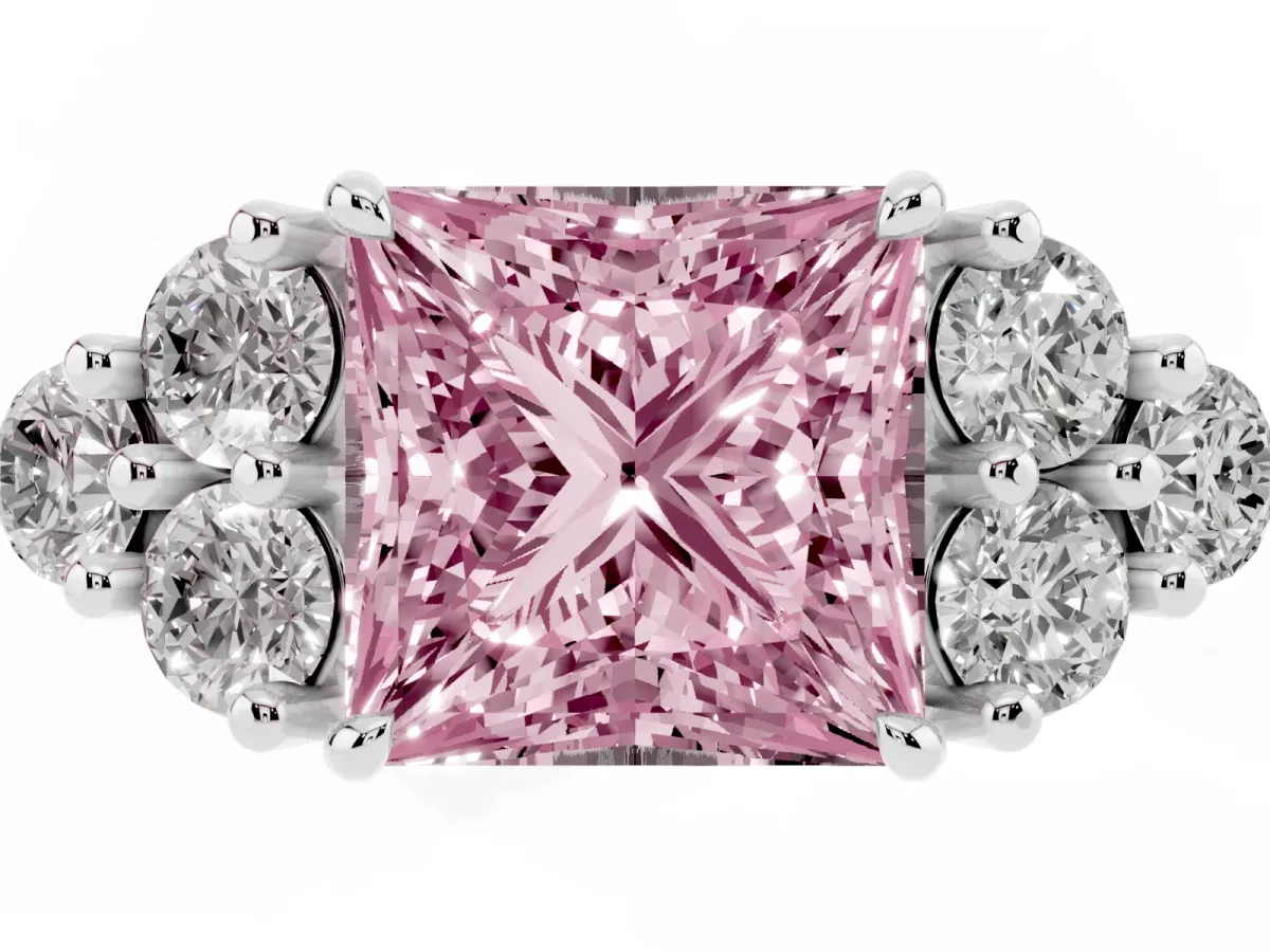 Fancy Pink Princess Cut Brilliant Diamond Cluster Accent Solitaire Ring with Prong Setting Silver