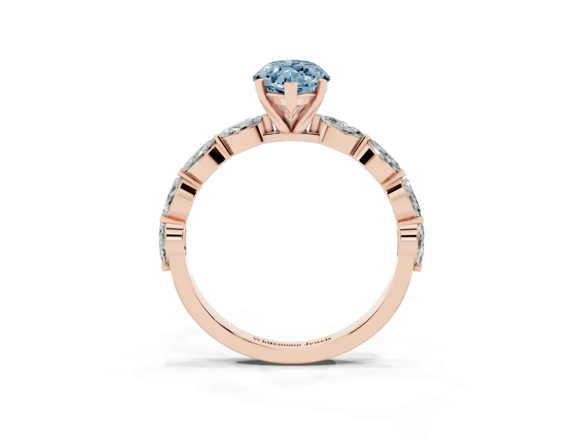 Fancy Blue Marquise Cut Diamond Ring with Marquise Side Stones and Prong Setting Rose gold