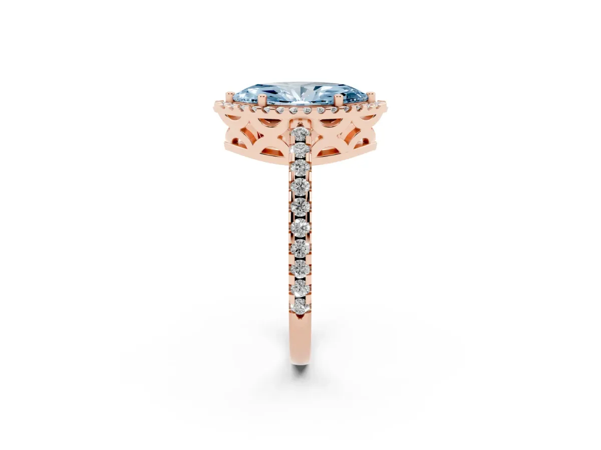 Fancy Blue Marquise Cut Diamond Halo Engagement Ring with Pavé Band and Prong Setting Rose gold