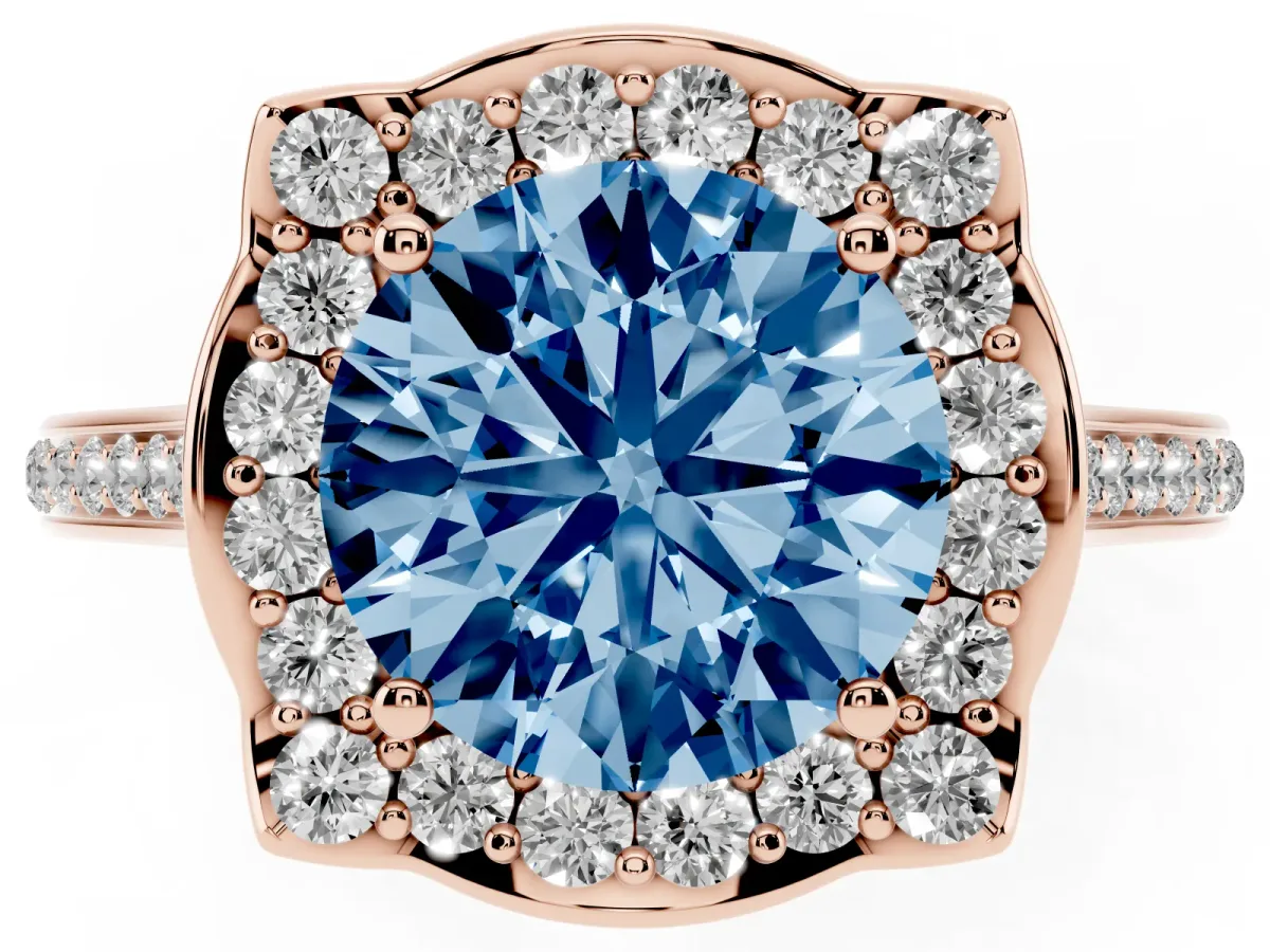 Fancy Blue Round Cut Halo Round Diamond Pave Band with Four-Prong Setting Rose gold