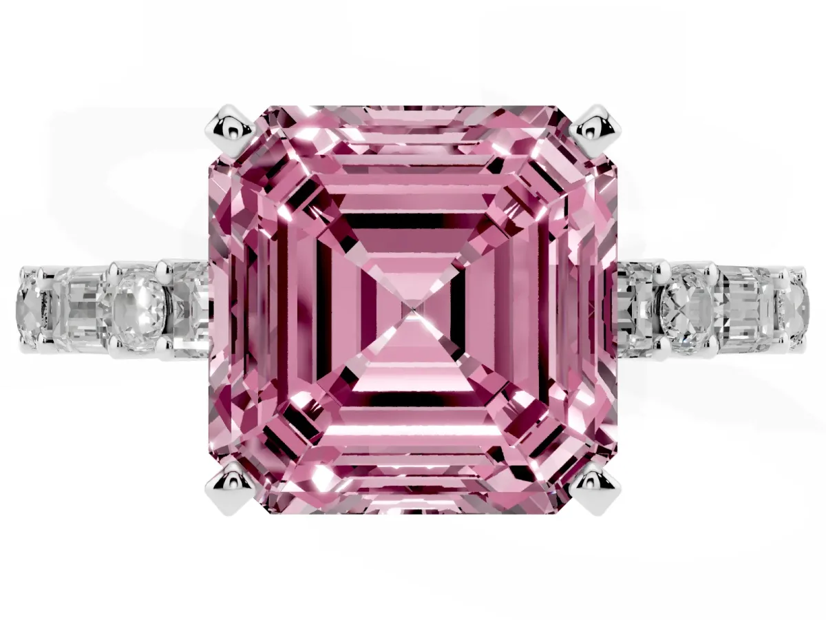 Fancy Pink Asscher Cut Diamond Solitaire with Side Baguettes and Channel Set Band Silver