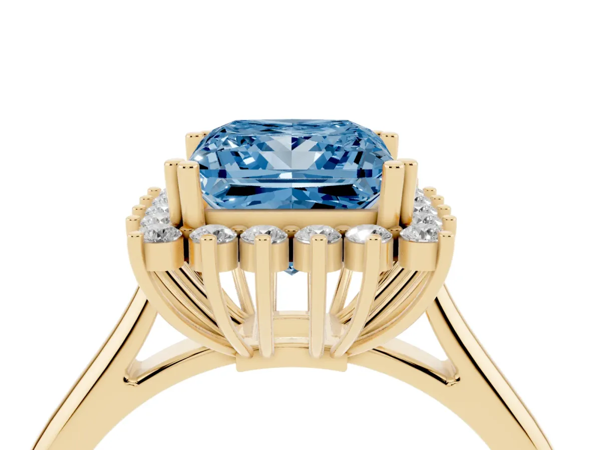 Fancy Blue Princess Cut Cut Diamond Halo Ring with Solitaire Band and Prong Setting Yellow gold