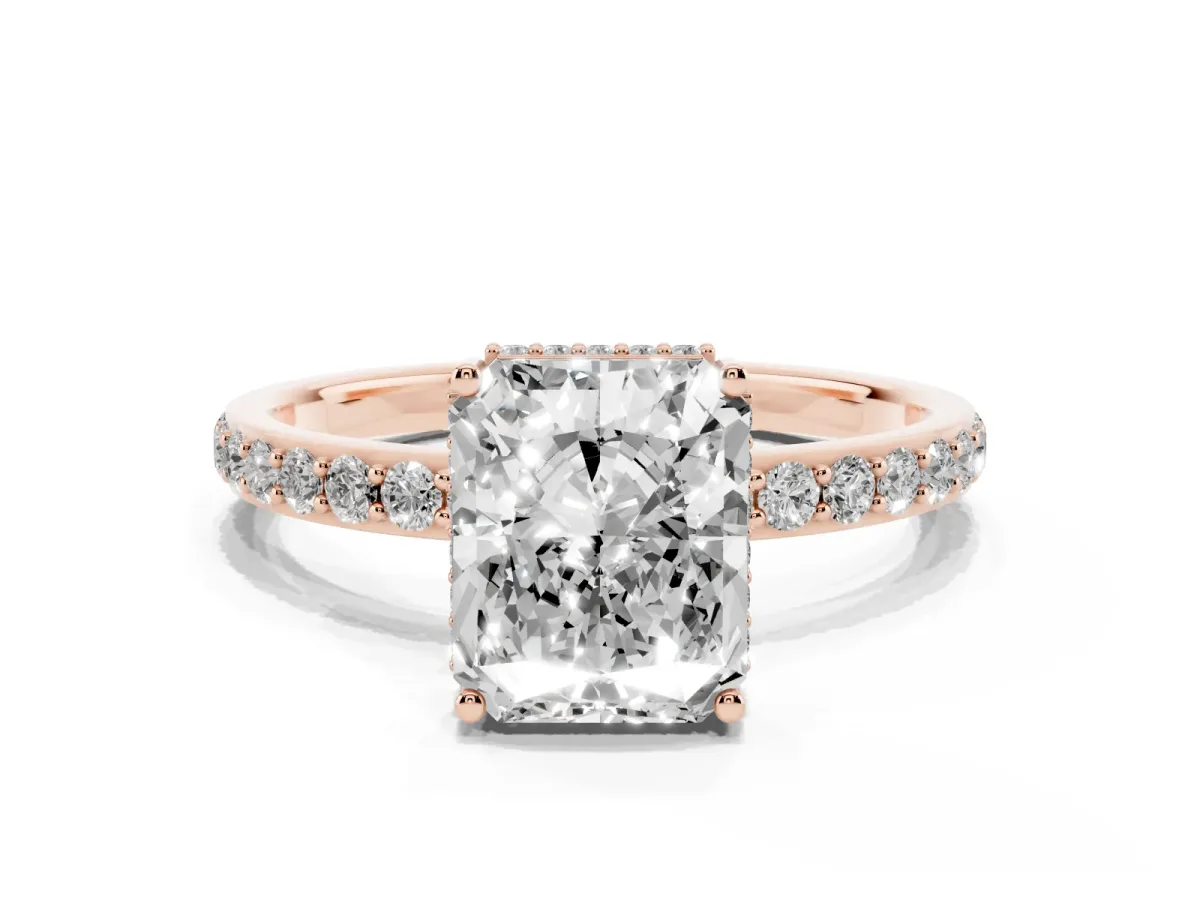 Radiant Cut Diamond Solitaire Ring with Pavé Band and Hidden Halo Rose gold