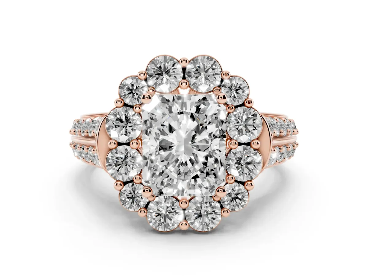 Radiant Cut Halo Diamond Engagement Ring with Split Shank and Prong Setting Rose gold