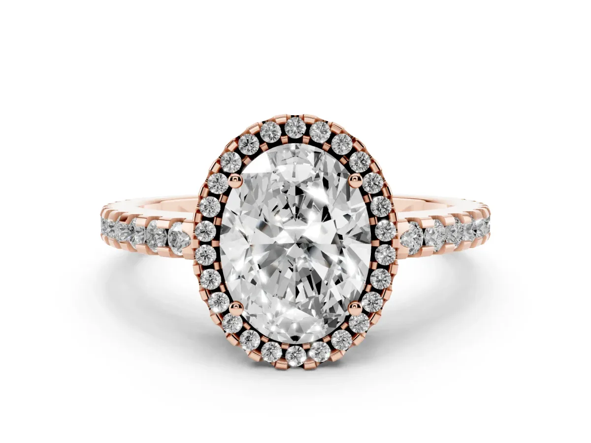 Oval Cut Diamond Halo Engagement Ring with Pavé Band and Prong Setting Rose gold
