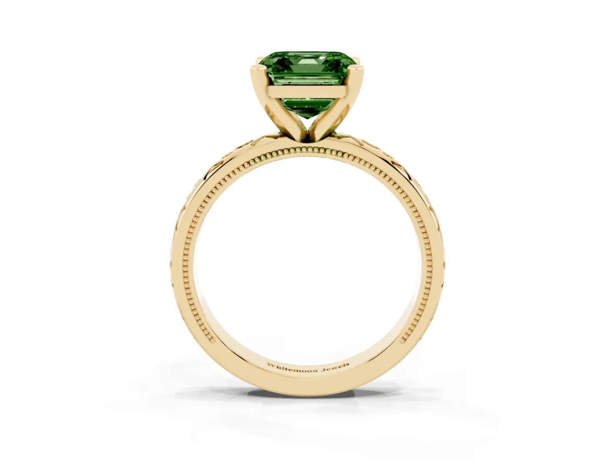 Fancy Green Asscher Cut Solitaire Engagement Ring with Scrollwork Band and Four-Prong Setting Yellow gold