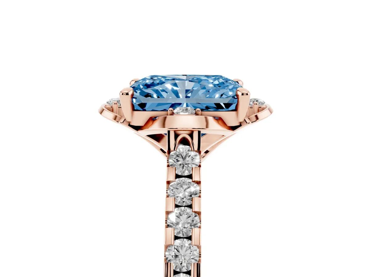 Fancy Blue Radiant Cut Diamond Ring with Pavé Band and Floral Prong Setting Rose gold