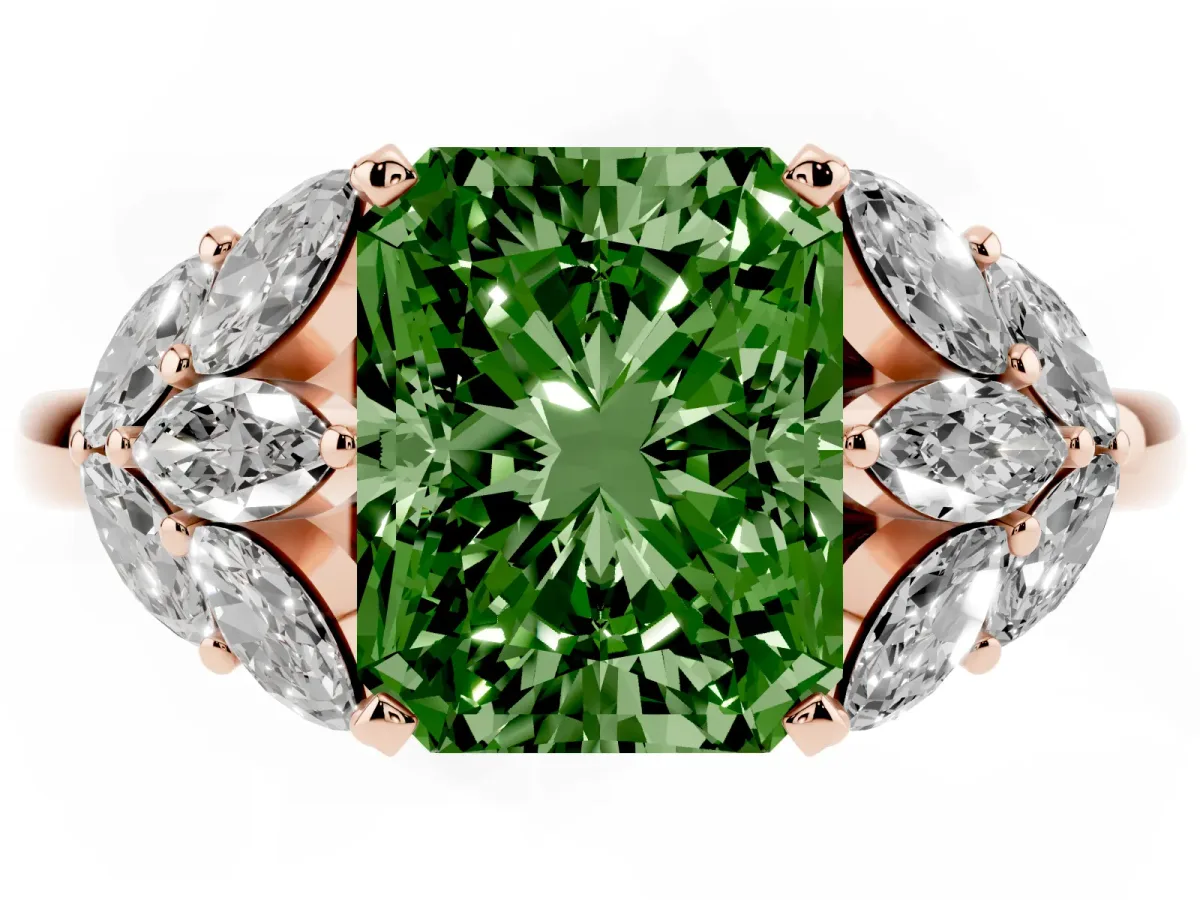 Fancy Green Radiant Cut Diamond Cluster Leaf Design Ring with Prong Setting Rose gold