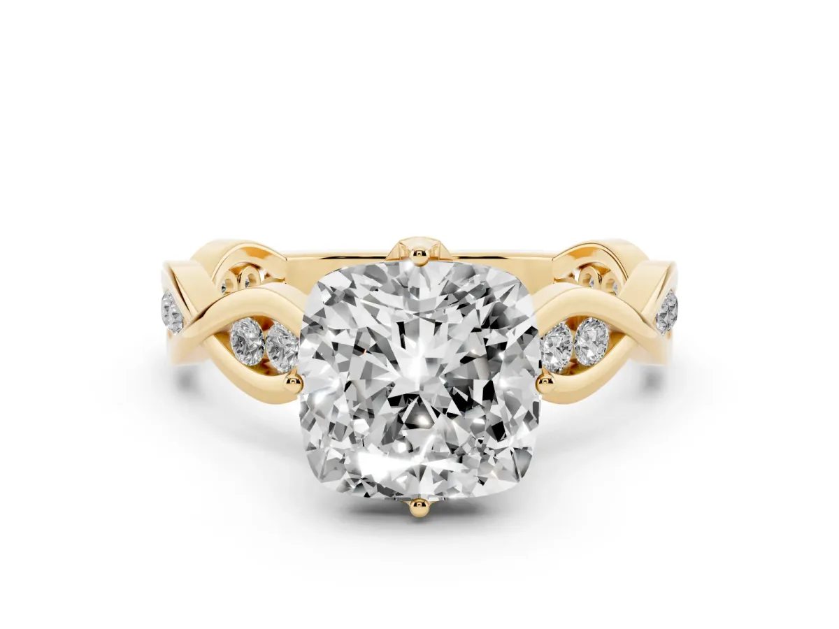 Cushion Cut Solitaire Twist Band with Leaf Prong Setting Yellow gold