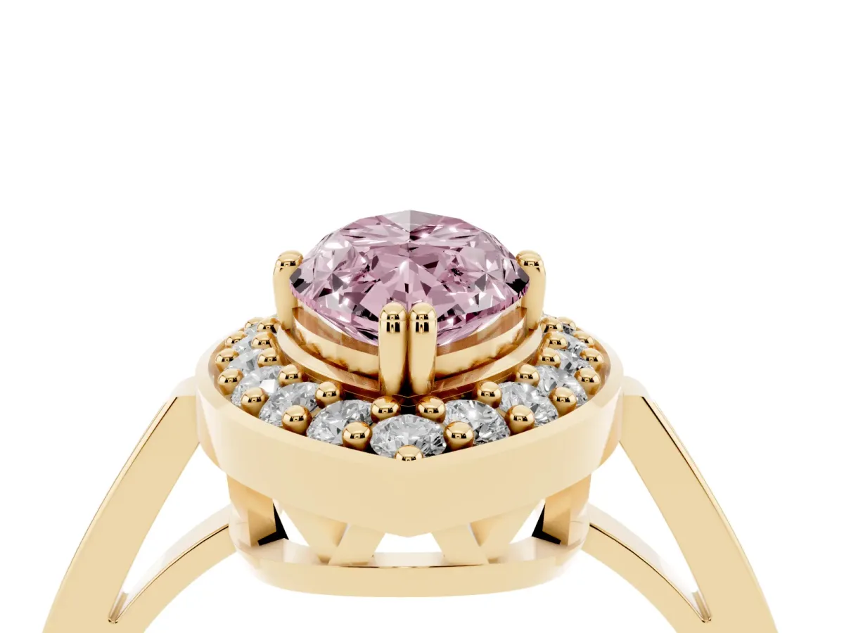 Fancy Pink Marquise Cut Diamond Halo Ring with Split Shank and Four-Prong Setting Yellow gold