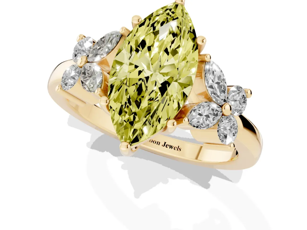 Fancy Yellow Marquise Cut Diamond Floral Cluster Ring with Solitaire Band and Prong Setting Yellow gold
