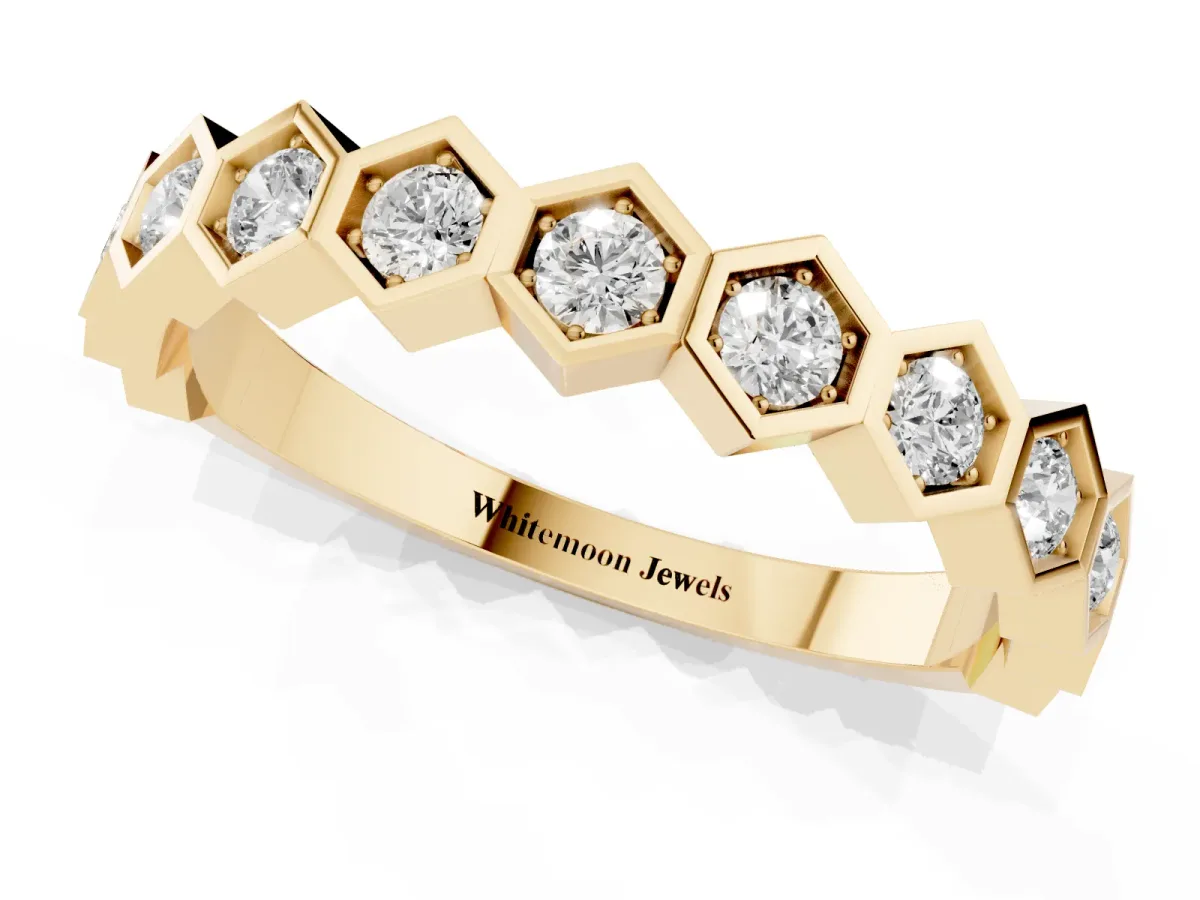 Hexagon Pave Diamond Eternity Band with Bezel Setting Yellow gold