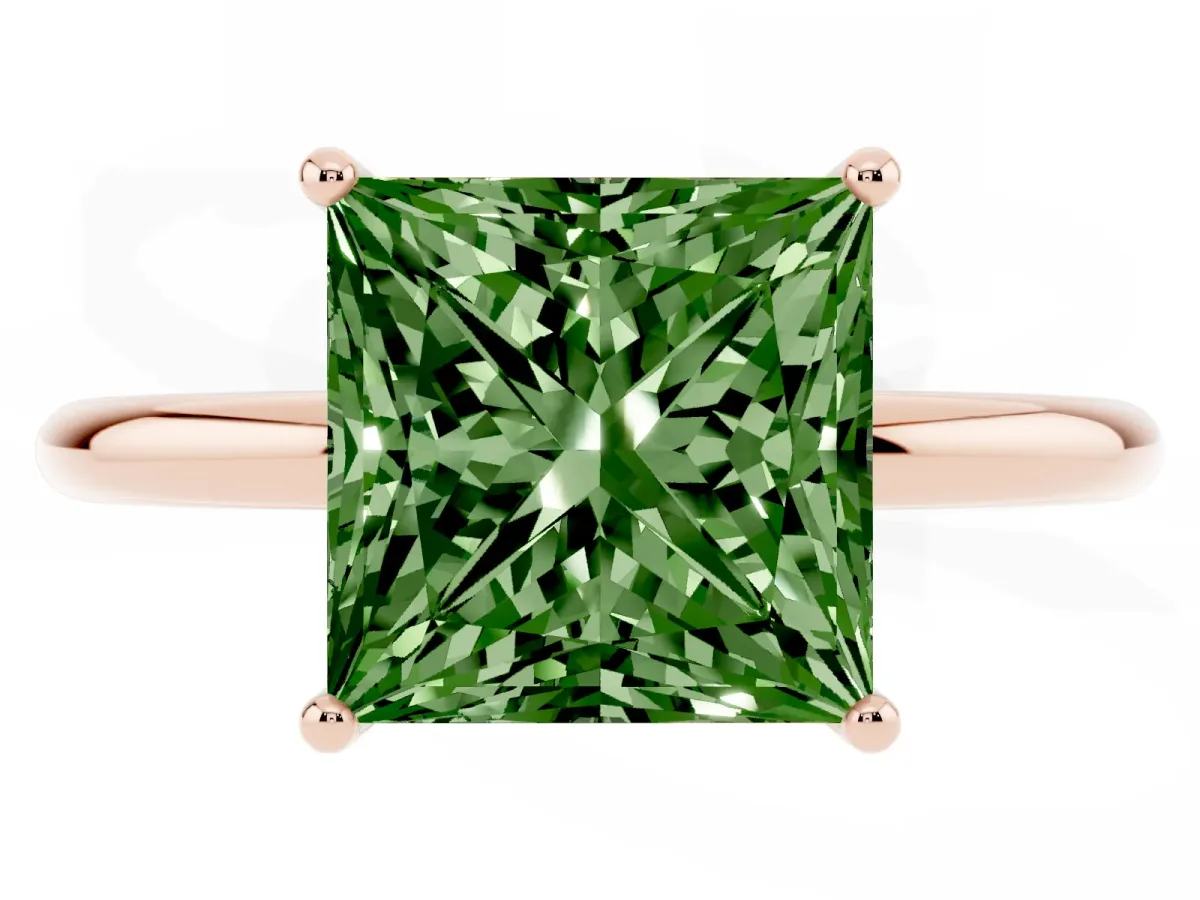 Fancy Green Princess Cut Solitaire Diamond Ring with a Classic Band and Four-Prong Setting Rose gold