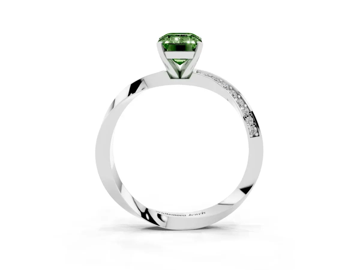Fancy Green Emerald Cut Diamond Engagement Ring with Side Stone Accents and Four-Prong Setting Silver