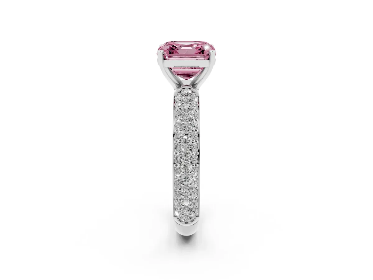 Fancy Pink Asscher Cut Diamond Solitaire Ring with Prong Setting and Pavé Band Silver