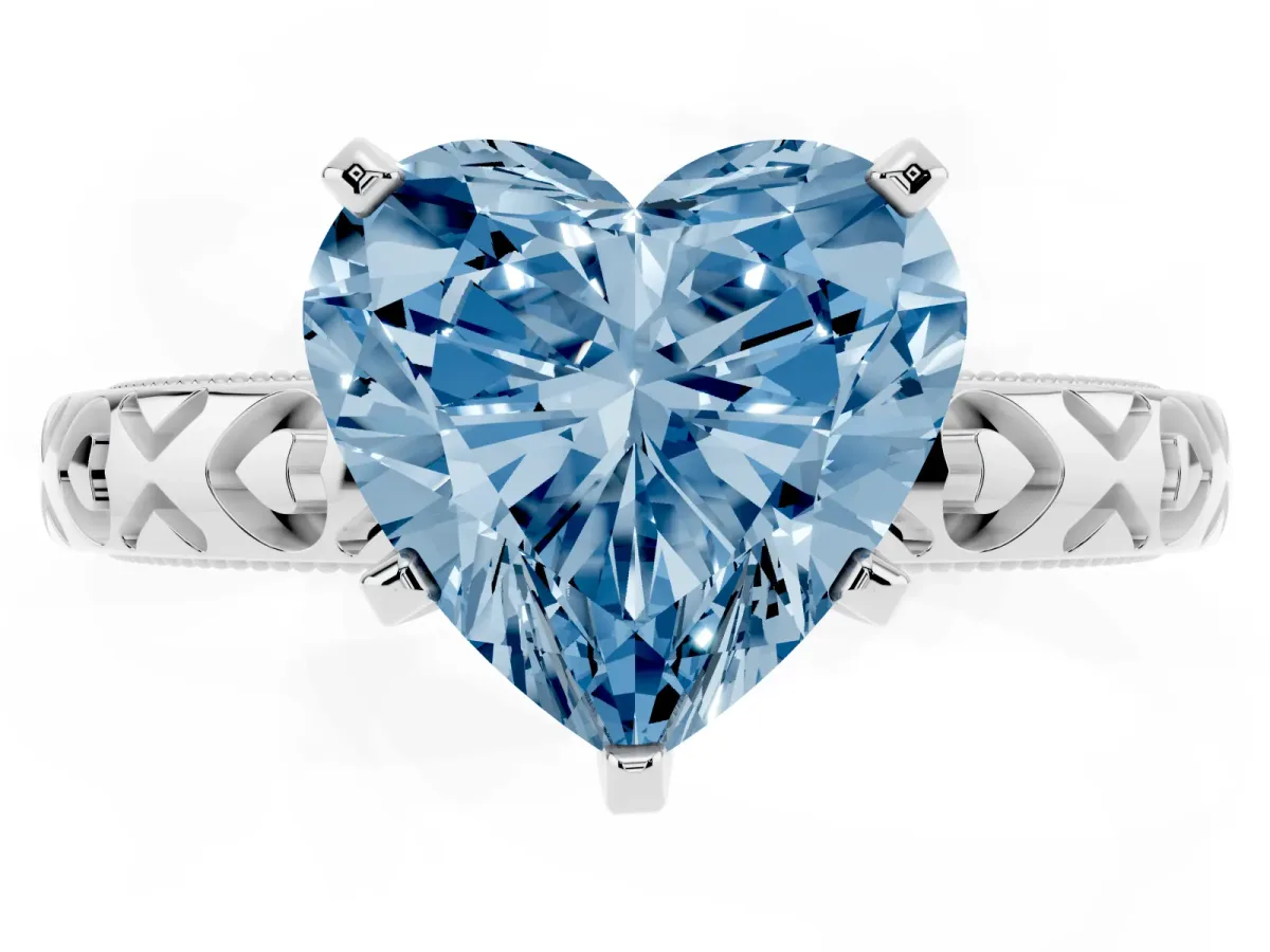 Fancy Blue Heart Cut Solitaire Diamond Engagement Ring with XO Engraved Band and Four-Prong Setting Silver