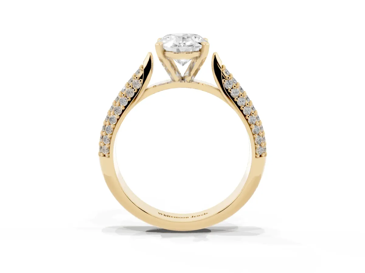 Oval Cut Diamond Solitaire Engagement Ring with Multi-Row Round Pavé Band and Prong Setting Yellow gold