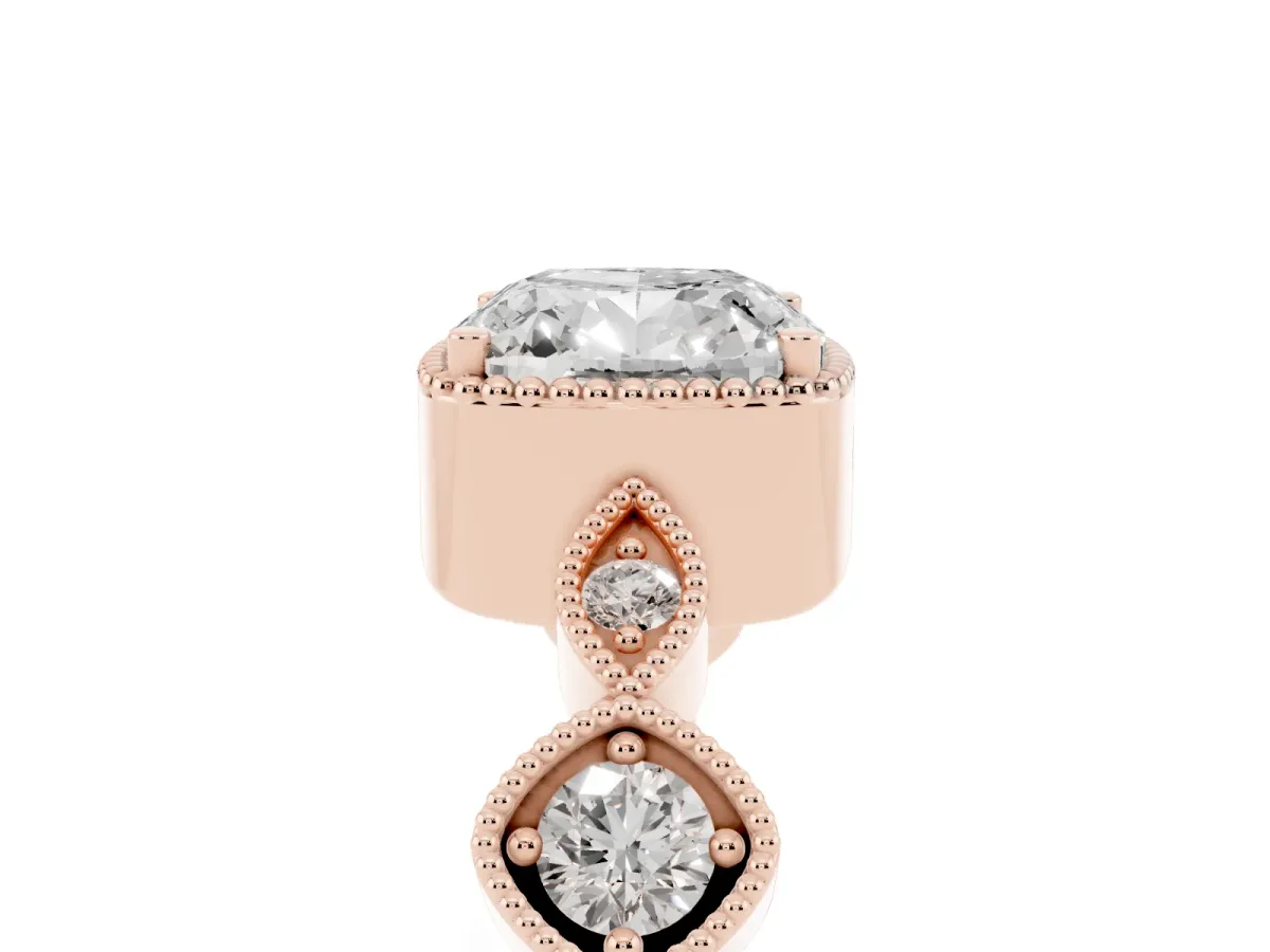 Cushion Cut Diamond Vintage Milgrain Ring with Round Stations Rose gold