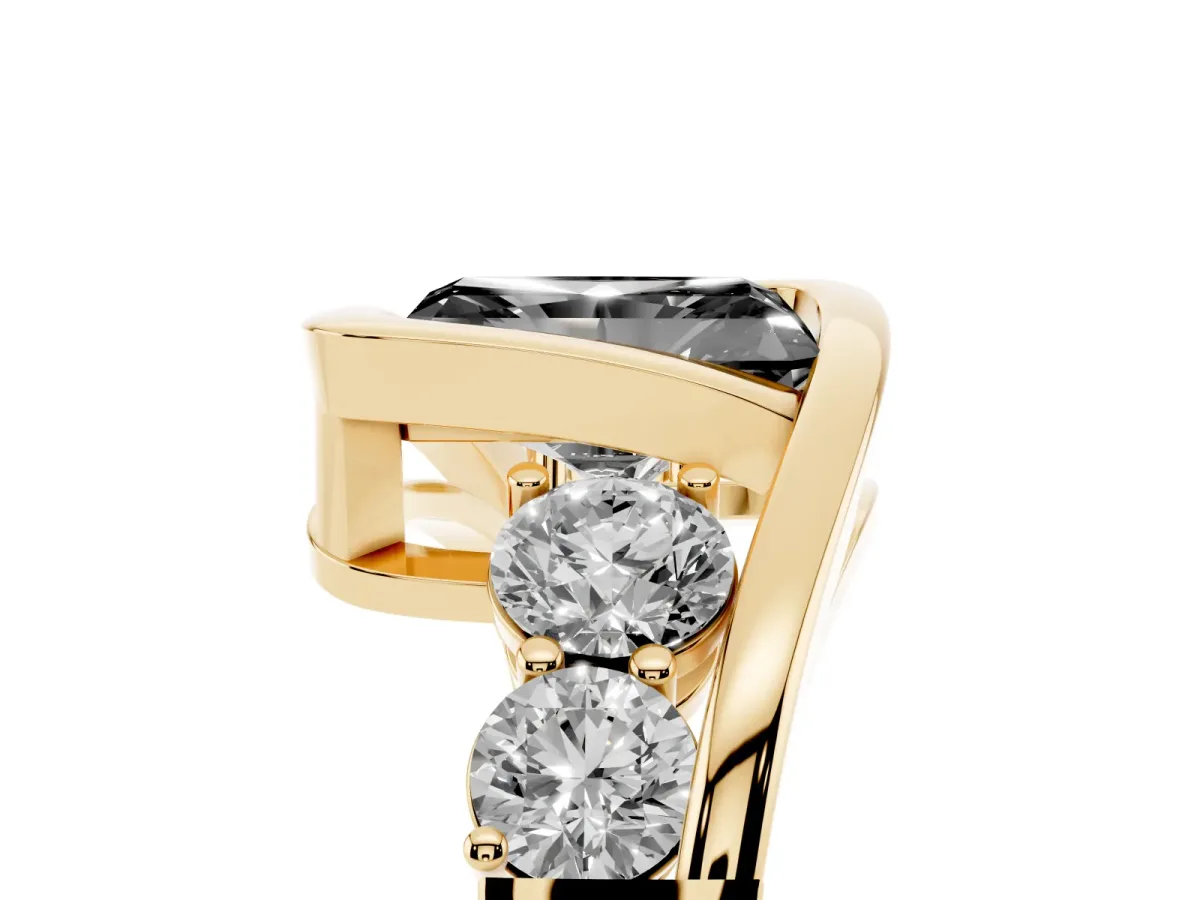 Fancy Black Bezel Set Radiant Cut Diamond Bypass Ring with Round Accents Yellow gold