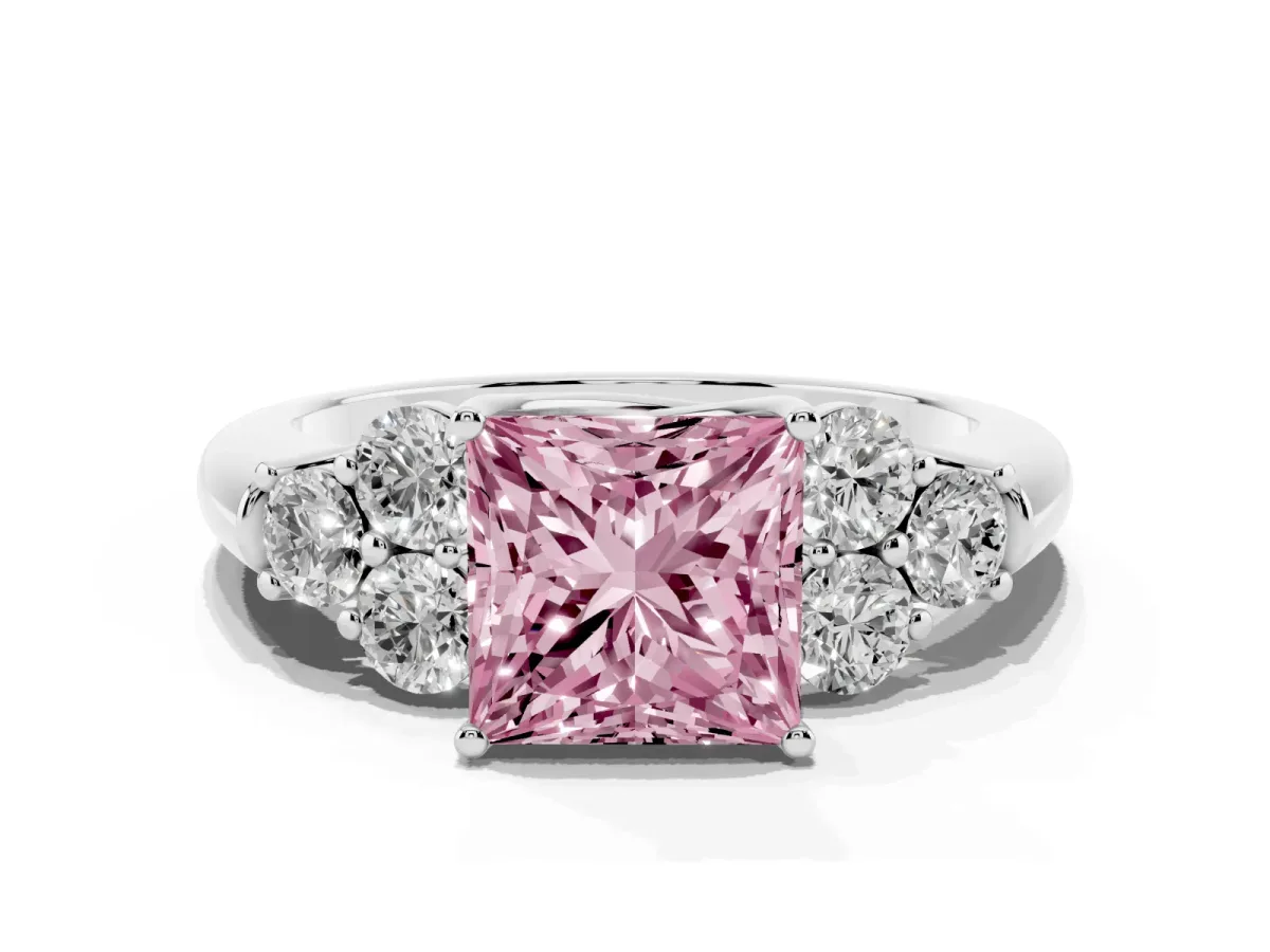 Fancy Pink Princess Cut Cut Diamond Cluster Ring with Round Accent Stones and Prong Setting on a Classic Band Silver