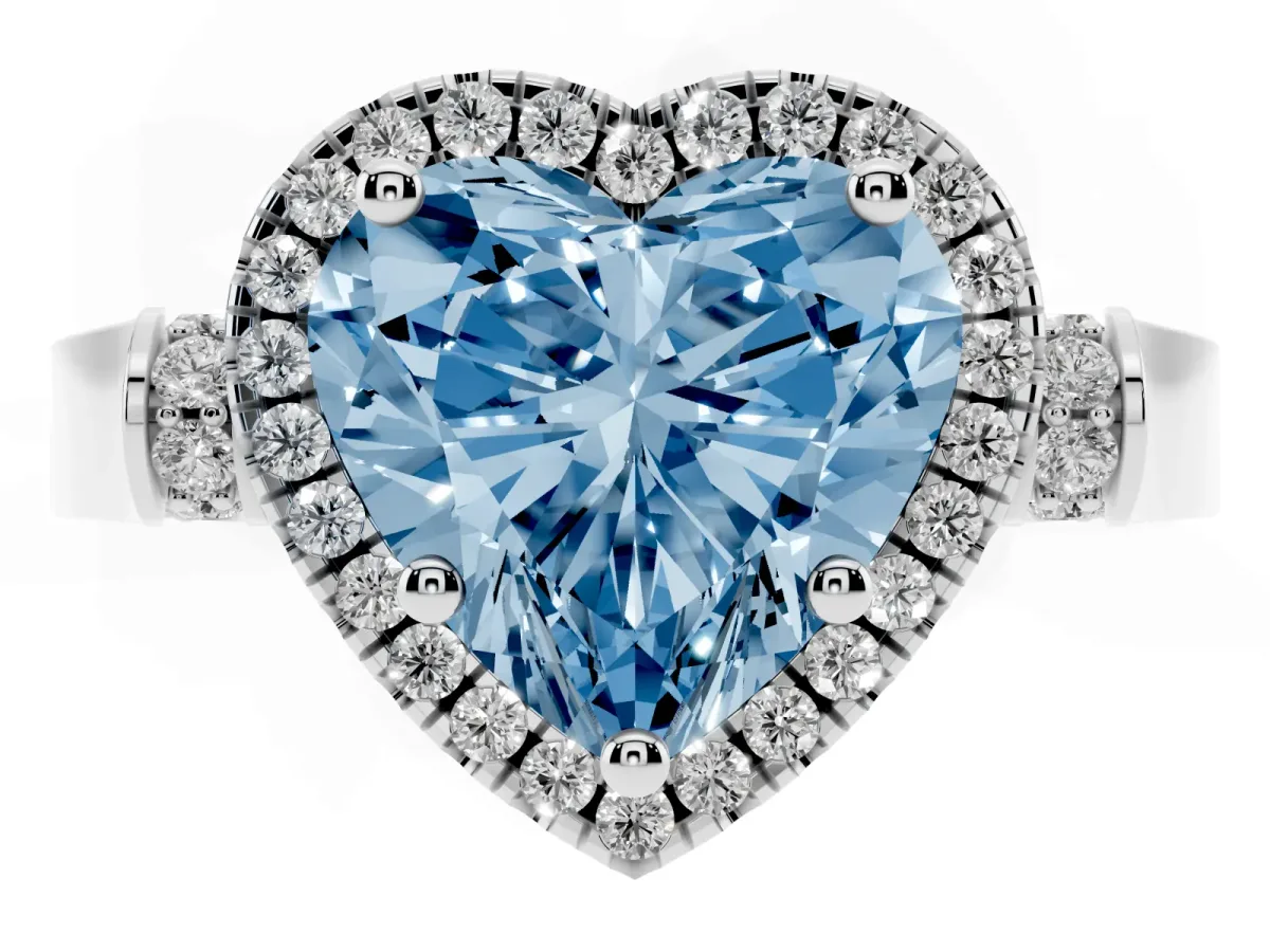 Fancy Blue Heart Cut Halo Round Diamond Twist Band with Four-Prong Setting Silver
