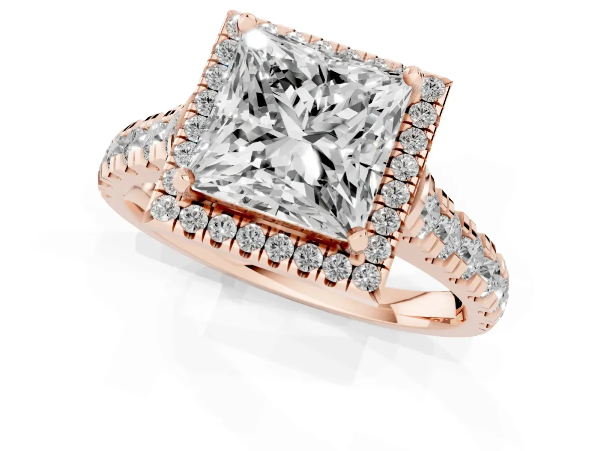 Princess Cut Halo Pavé Diamond Engagement Ring with Four-Prong Setting Rose gold