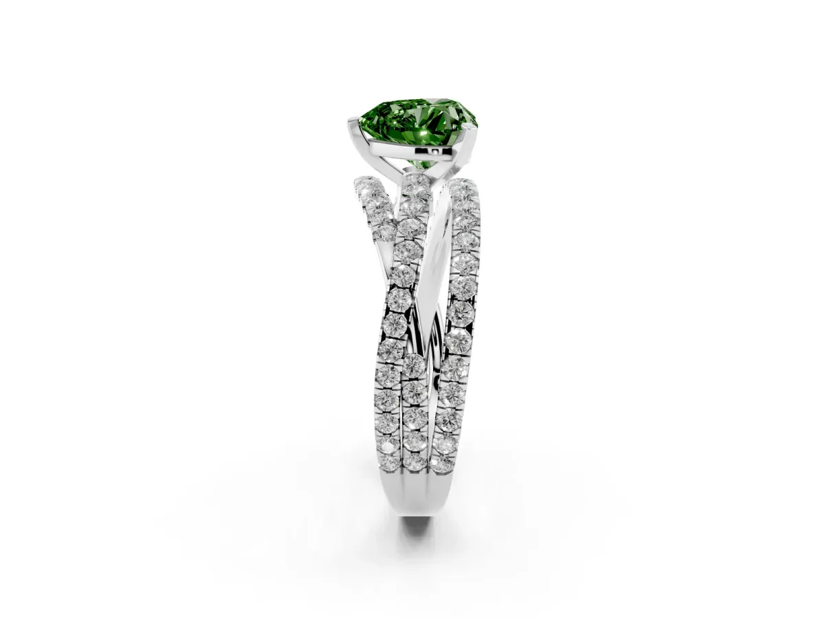 Fancy Green Heart Cut Solitaire Twist Band with Pavé Setting and Four-Prong Setting Silver