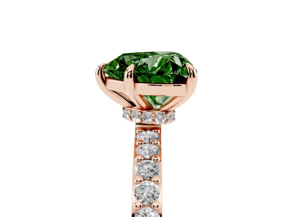 Fancy Green Heart Cut Diamond Pavé Engagement Ring with Round Accents and Prong Setting Rose gold