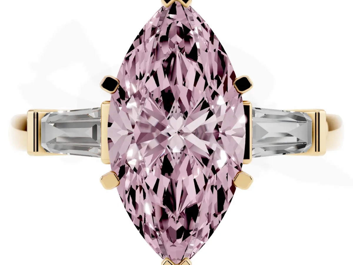 Fancy Pink Marquise Cut Cut Diamond Solitaire Ring with Tapered Baguette Accents and Four-Prong Setting Yellow gold
