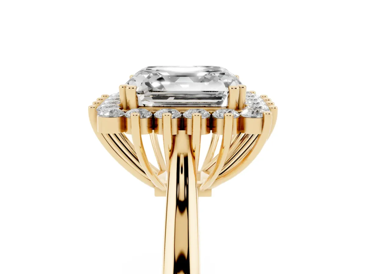 Asscher Cut Cut Diamond Halo Ring with Solitaire Band and Prong Setting Yellow gold