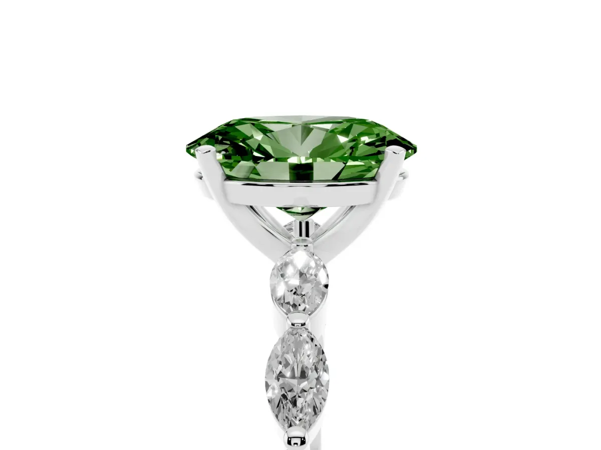 Fancy Green Oval Cut Diamond Ring with Marquise Side Stones and Prong Setting Platinum