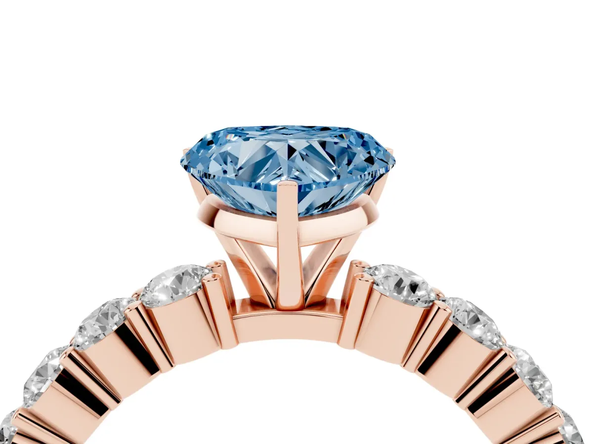Fancy Blue Heart Cut Diamond Solitaire Ring with Shared Prong Round Side Stones Rose gold