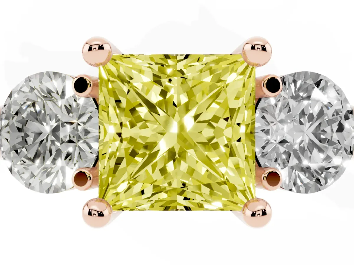 Fancy Yellow Three-Stone Princess Cut Brilliant Cut Solitaire Ring with Prong Setting on a Classic Band Rose gold