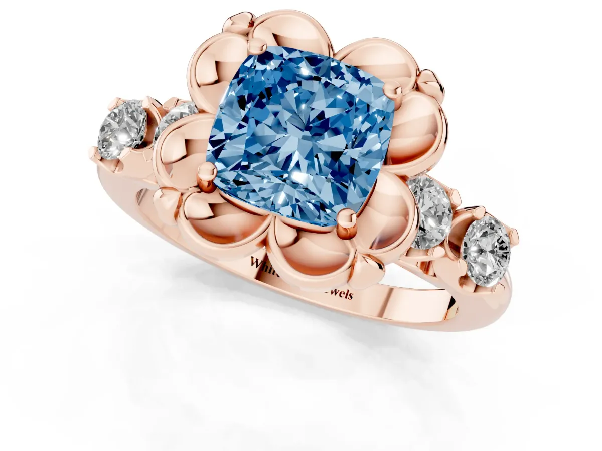 Fancy Blue Cushion Cut Cut Diamond Floral Halo Engagement Ring with Shared Prong Setting Rose gold