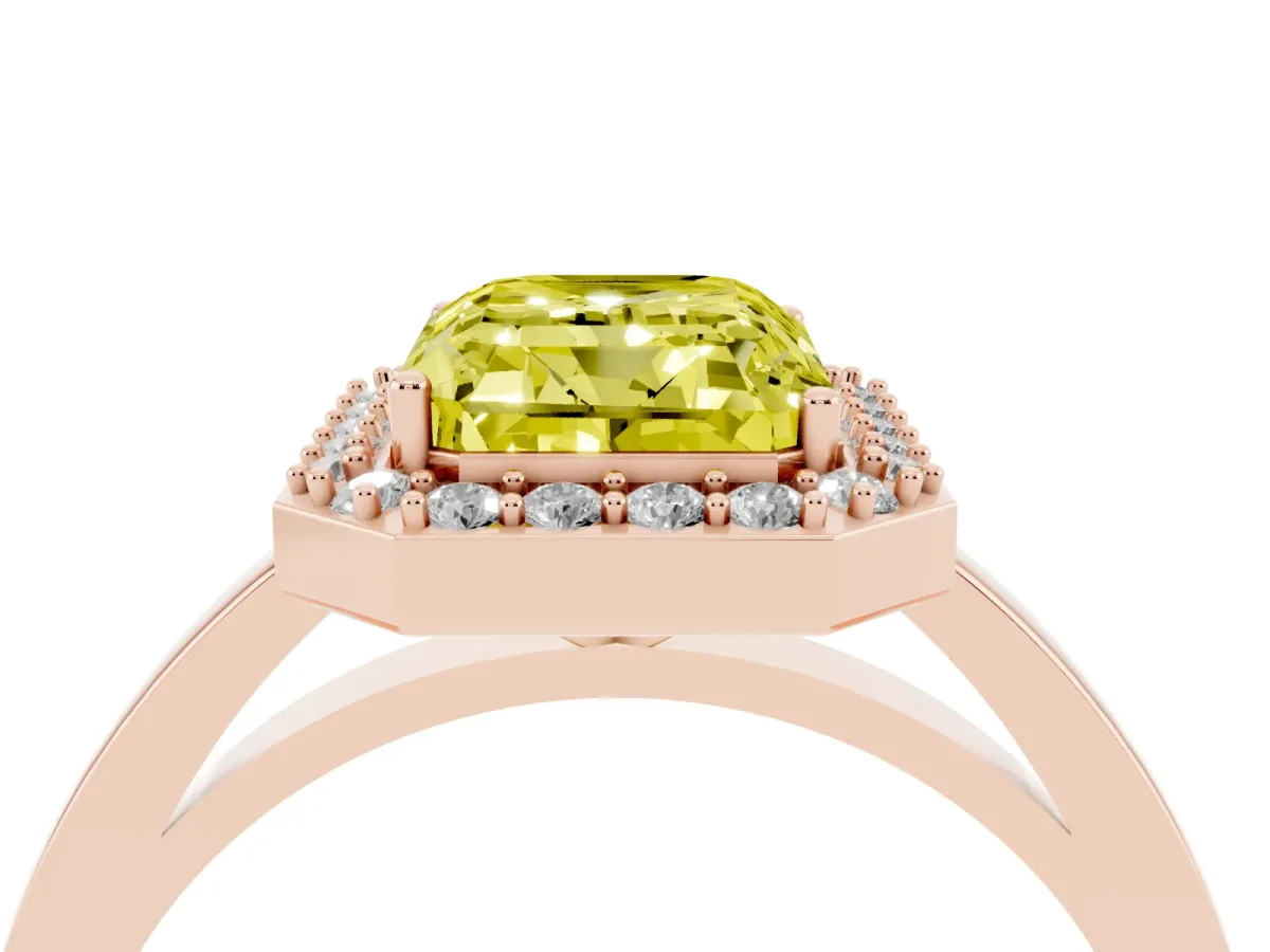 Fancy Yellow Radiant Cut Halo Diamond Ring with Solitaire Band and Prong Setting Rose gold